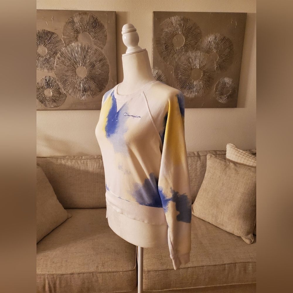 😎 CHAMPION 😎 Tie Dye French Terry Cropped Sweatshirt - [Small, Yellow/Blue] - Picture 5 of 10